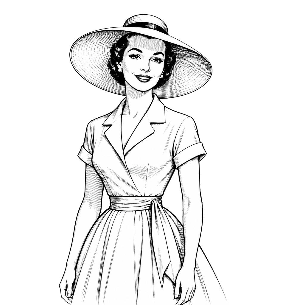 Illustrated 1950s resort hostess in a sun hat